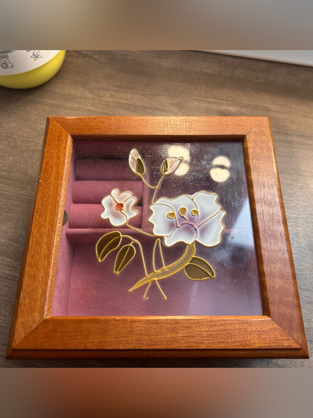 Wood Framed Floral Jewelry Box with White Flower Motif